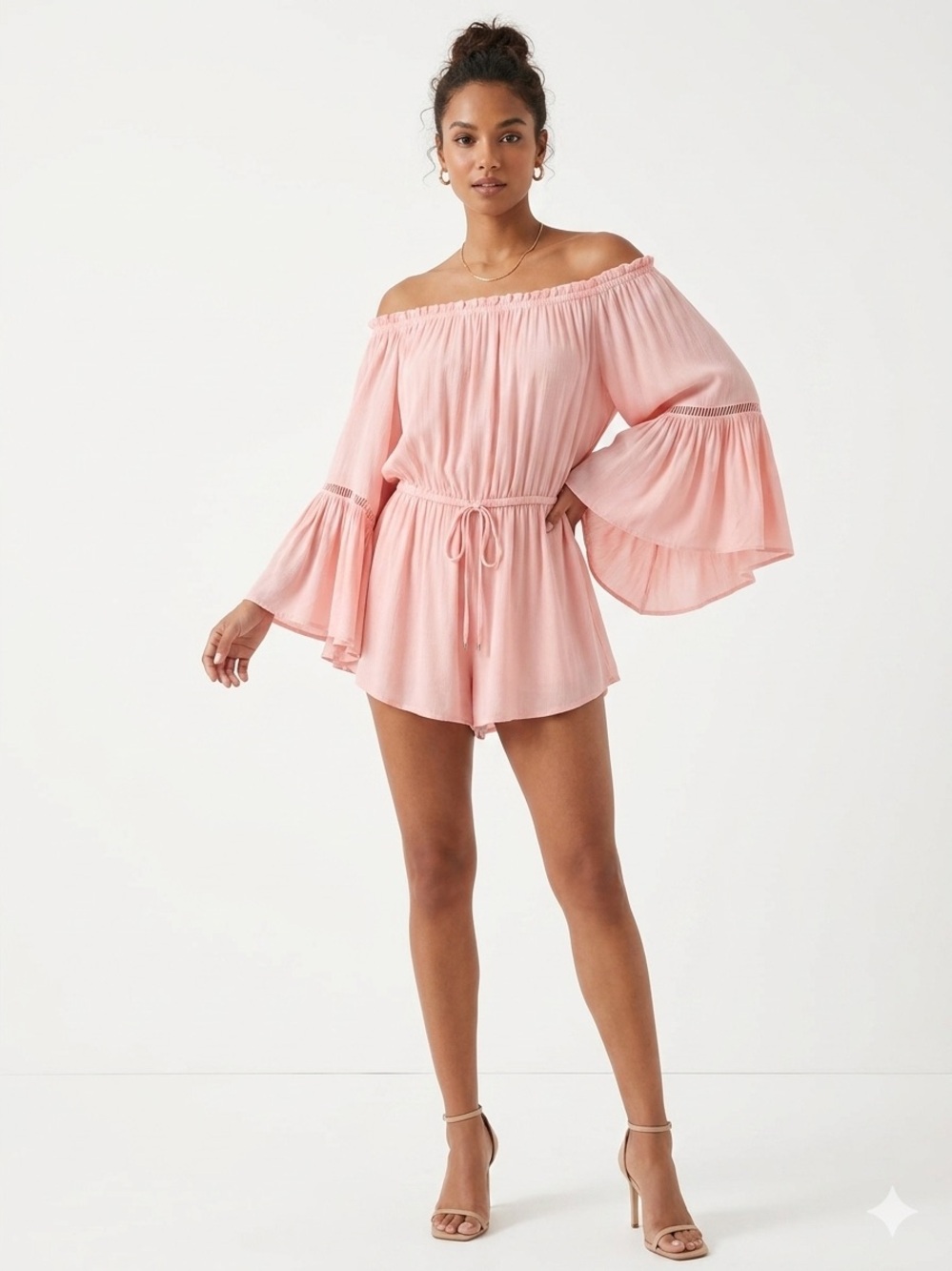 Elan Blush Pink Off-Shoulder Romper with Bell Sleeves